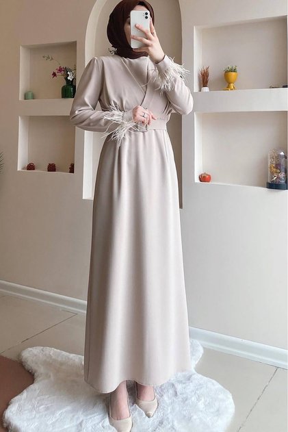 women's pencil belt sleeve detailed islamic dress SMS034