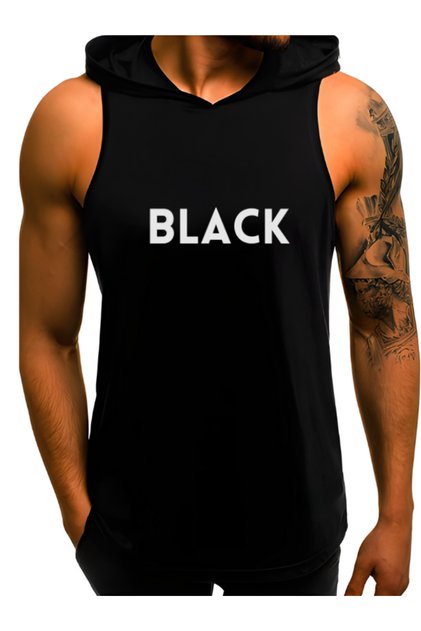 Hooded Sports Tank Top - Black Printed Fitness Gym Sports Tank Top