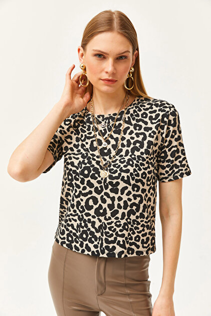 Olalook Kadın Leopar Taş Fitilli Crop Örme Tişört TSH-19000328