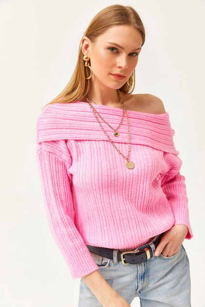 Women's Candy Pink Madonna Collar Soft Textured Knitwear Sweater KZK-19000708