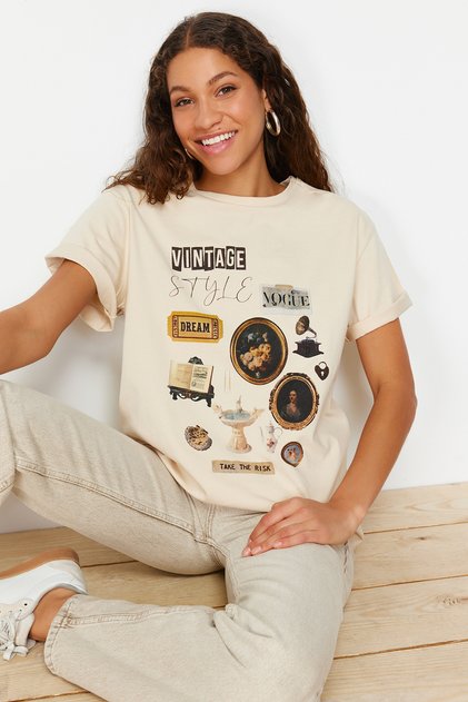 Stone 100% Thick Cotton Printed Oversized Fit Crew Neck Knitted T-Shirt TWOSS23TS00282