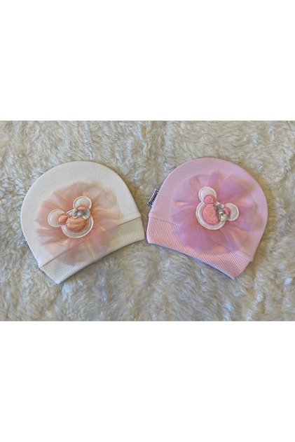 2-Piece White Pink Baby Girl Combed Cotton Hat Beanie with Ribbon