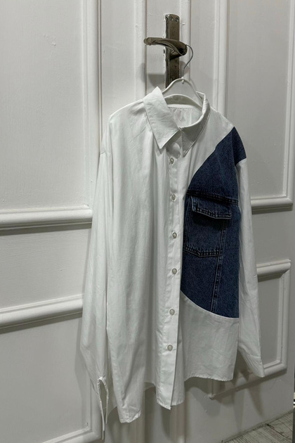 Oversize Denim Garnished White Women's Cotton Shirt