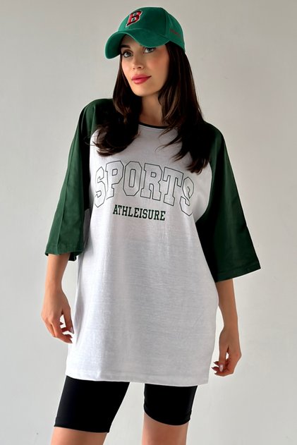 Unisex Cotton White Sleeves Green Sports Printed Crew Neck Oversize Boyfriend T-shirt