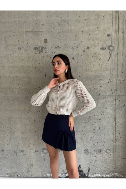 Crew Neck Glitter Detailed Openwork Women's Cardigan