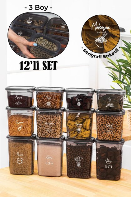 Beyaz Serigrafi Etiketli 12li Peggy Dikdörtgen Saklama Kabı Seti 4x(1500-1150-800 Ml) Antrasit