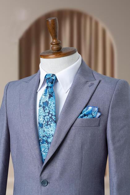 Gri Mavi İtalyan Stil Slim Fit Klasik Erkek Blazer Ceket