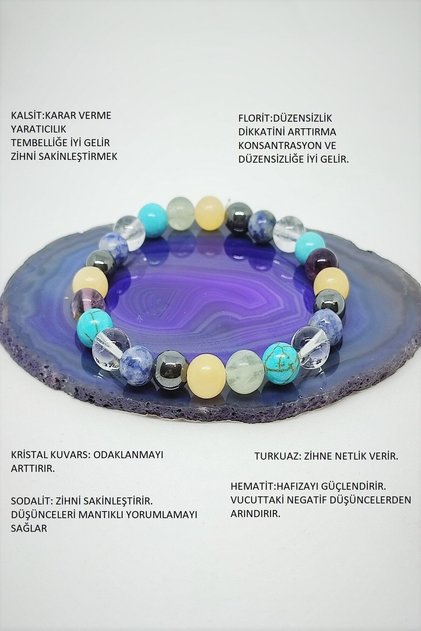 Certified Dehb Natural Stone Bracelet (CALCITE, FLORITE, HEMATITE, SODALITE, TURQUOISE, CRYSTAL QUARTZ)