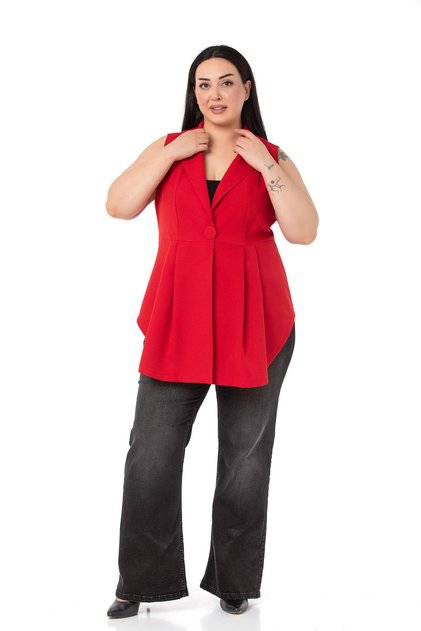 Large Size Covered Buttoned Skirt Pleated Short Back Red Vest