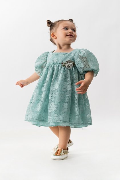 Balloon Sleeve Clover Detailed Dress