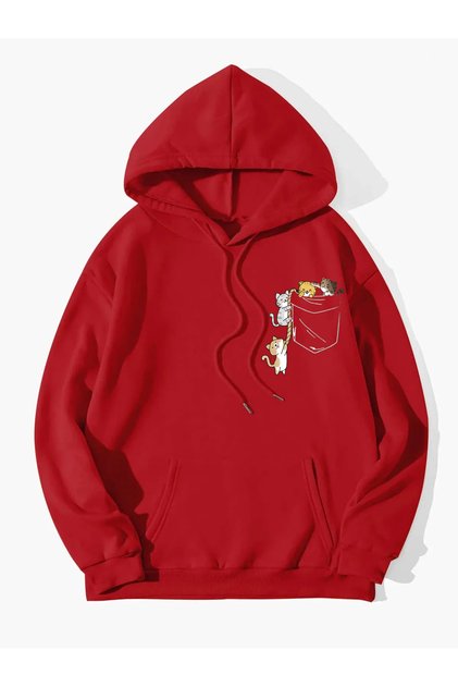 Kadın Renkli Cat Özel Göğüs Baskılı Oversize Pamuklu Kapüşonlu Sweatshirt