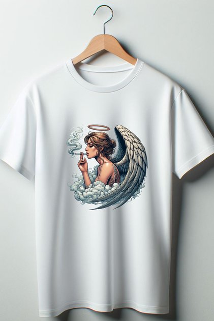Angel Printed White Oversize Crew Neck T-shirt