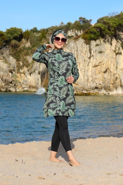 Tropical Pattern Closed Hijab Swimsuit with Tights 22662268