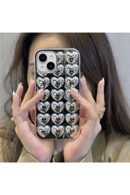 iPhone 13 Uyumlu Tasarım Gümüş Kalpli Silikon Kılıf
