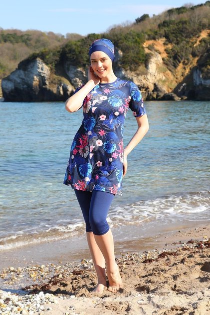 Floral Pattern Short Sleeve Semi Covered Hijab Swimsuit 2255