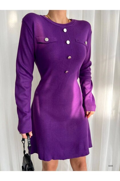 Women's Long Sleeve Round Neck Button Detail Knitwear Dress Purple Color
