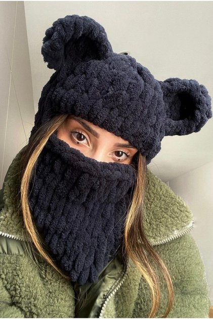 Black Balaklava with Teddy Bear Ears Handmade Balaclava Plush Knit Gift Accessory
