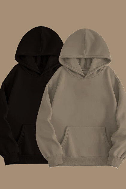 blackjack giyim Unisex Gri Siyah 2'li Kapüşonlu Oversize