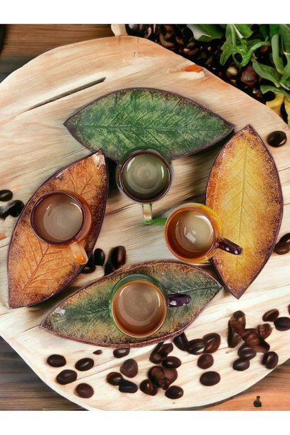 Decorative Walnut Leaf Figured Tea Coffee Cup Set in Green, Yellow and Coffee Colors for 4 People