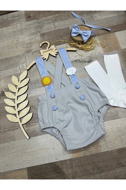 Sun and cloud concept baby boy gray blue salopet bow tie socks set
