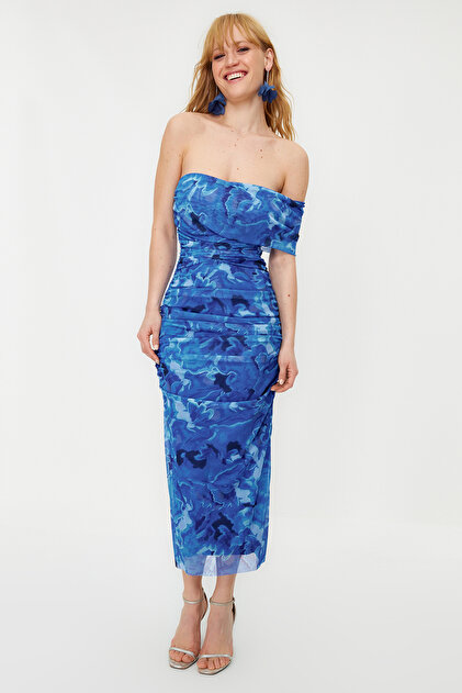 Trendyol Collection One Sleeve Floral Patterned Body Fitted Dress Night  Graduation Tprss24El00027- Trendyol