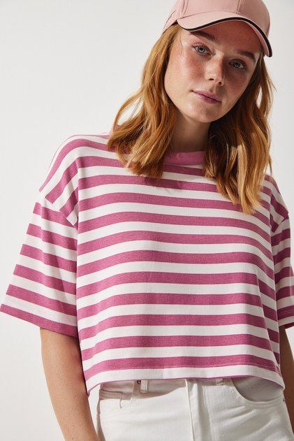 Women's Dried Rose Crew Neck Striped Crop Knitted T-Shirt CR00427