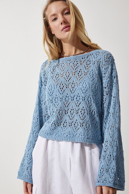 Women's Sky Blue Boat Neck Seasonal Crop Knitwear Sweatshirt MW00144