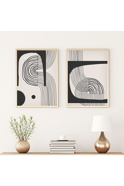 Wooden Framed Modern Painting Set Huhu76 - Double Painting Set Natural Wood Frame