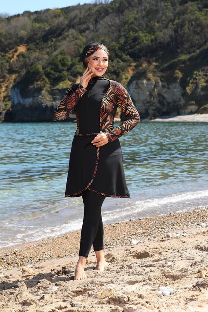Garnished Pareo Model Design Closed Hijab Swimsuit with Tights 33555