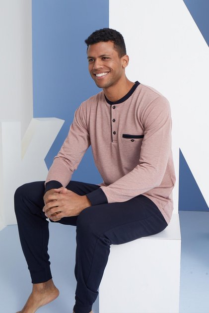 Men's Long Sleeve Button Collar Seasonal 100% Cotton Tile Pajamas Set C9T2N6O1