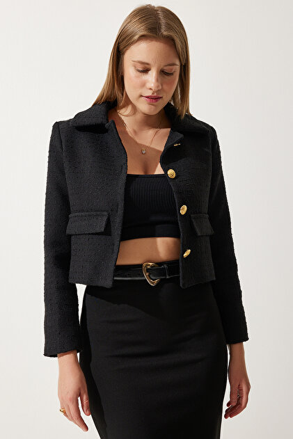 Happiness İstanbul Women's Black Crop Tweed Blazer Jacket TO00039