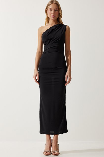 Rochie Saran Sandy, neagră, cu un singur umăr, DZ00117