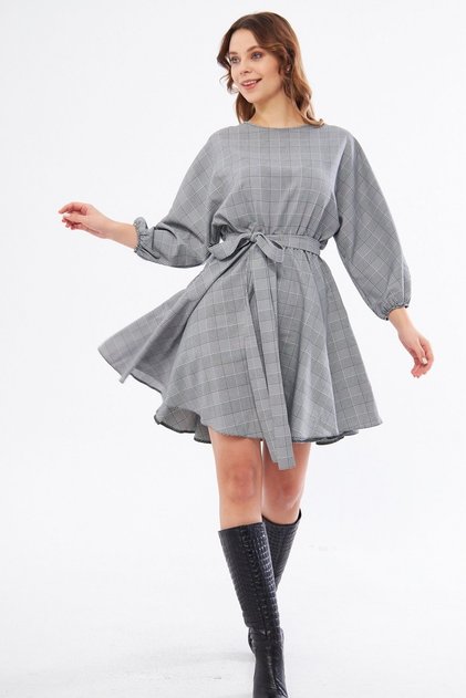 Mini rochie evazată în carouri gri, neasamblată, cu 2 guler negru diferit, cadou, talie elastică