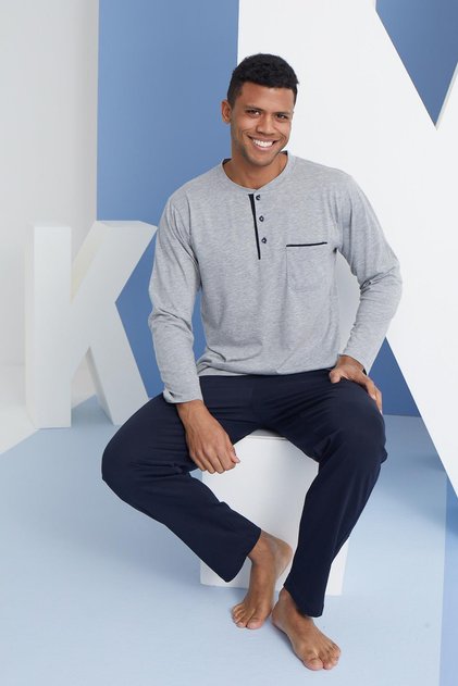 Men's Long Sleeve Midi Collar Gray Melange Pajama Set C9T2N5O0