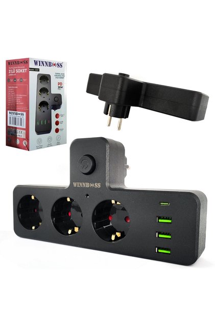 Akım Korumalı Üçlü Soket 3 Usb Li 1 Şarj Girişli (3397)