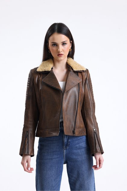 Vintage Real Leather Mobile Collar Furry Women's Jacket