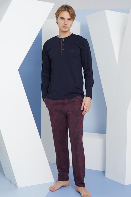 Men's Long Sleeve Midi Collar Navy Blue Pajama Set C9T2N5O6