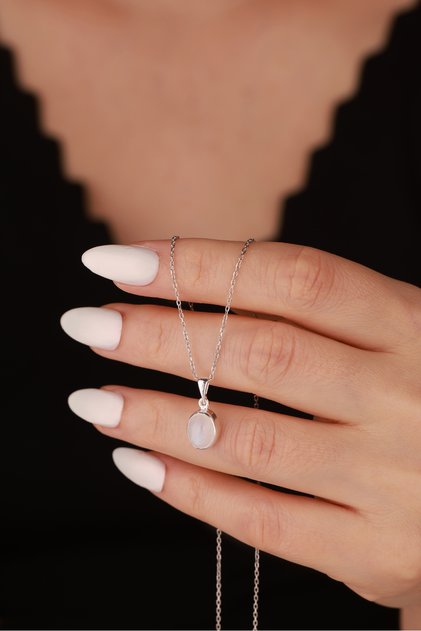 Doğal Ay Taşı Gümüş Kolye Aytaşı Minimal Kolye