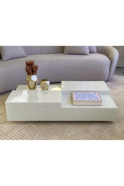 Luxury Beyaz Camlı Tekerlekli Orta Sehpa 120x65 Yükseklik 28 Cm