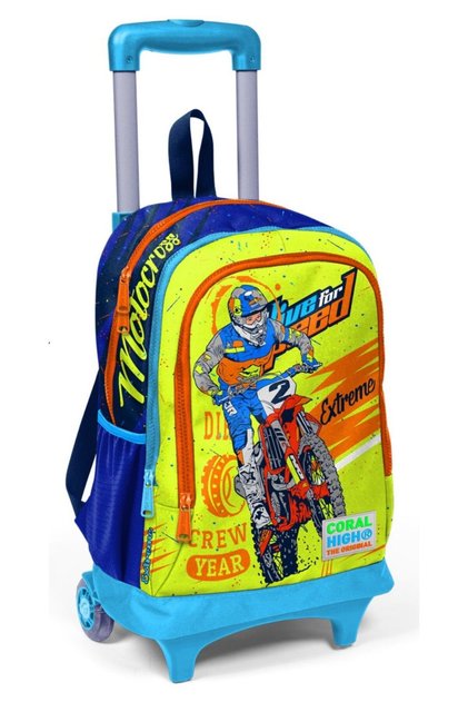 Lighted Wheeled Motorcycle Squeegee School And Travel Bag Boy Navy Blue Yellow