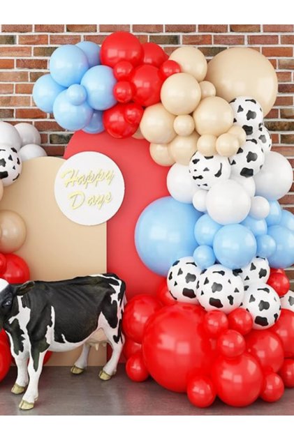 Farm Birthday Balloon Chain Set 65 Pieces Cow Printed Balloon Red Balloon Safari Farm Concept