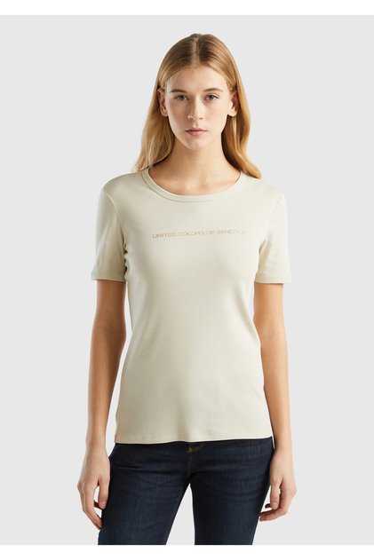 Women's Beige 100% Cotton Benetton Written Basic Tshirt