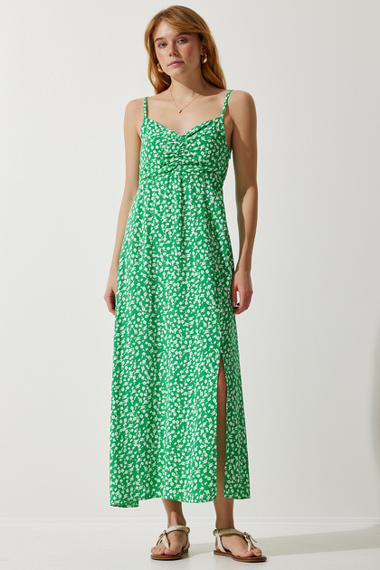 Women's Green Strap Patterned Viscose Dress UB00236