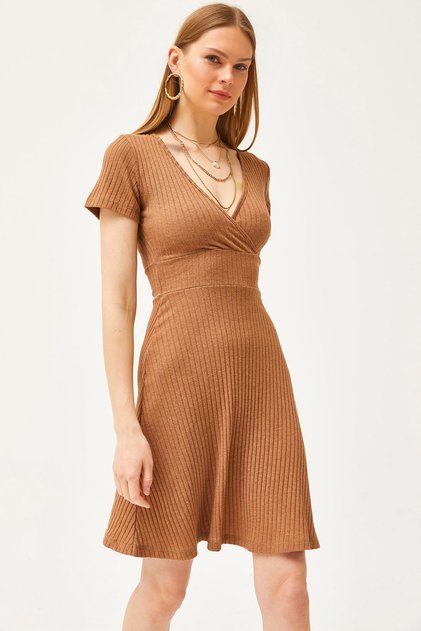 Women's Camel Double Breasted Collar Short Sleeve Mini Flared Dress ELB-19002059
