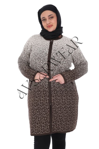Leopar Desenli Cepli Büyük Beden Triko Ceket