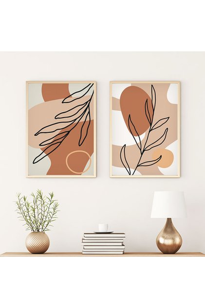 Wooden Framed Modern Painting Set Huhu60 - Double Painting Set Natural Wood Frame