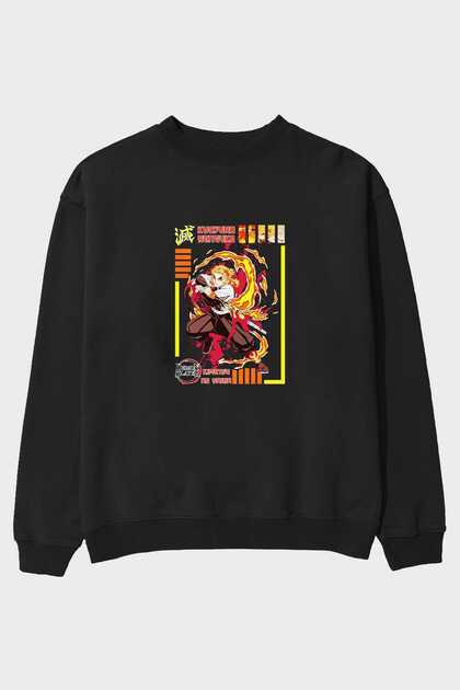 KYOJURO RENGOKU Anime Front Printed Black Oversize Sweatshirt Men's Women's Crew Neck
