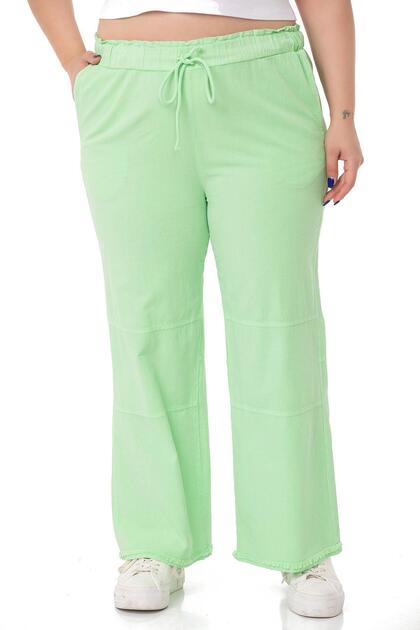 Plus Size Green Trousers with Tassels on the Leg and Sewing Detail and Pockets