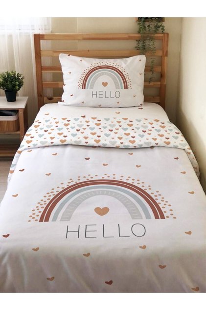 Double Sided Rainbow and Heart Pattern - Printed Single Duvet Cover Set White