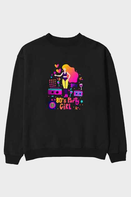 Retro Girl Party Front Printed Black Oversize Sweatshirt Men's Women's Crew Neck